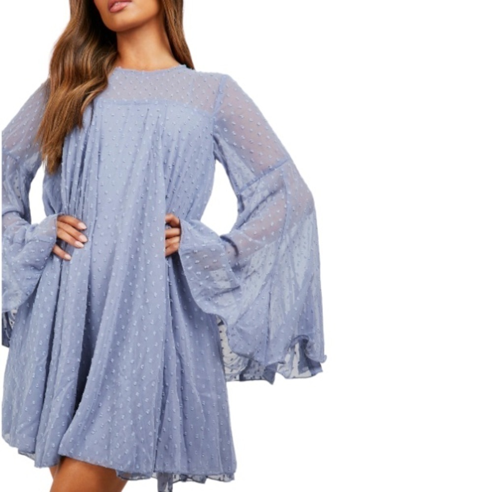 NWT Women’s Dobby Mesh Long Sleeve Flowy Blue Boho Dress Sz 12/ large - Picture 4 of 5